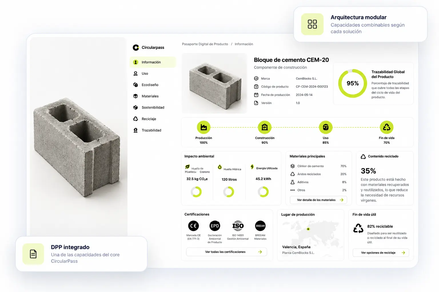 Example of a CircularPass Digital Product Passport for a concrete block